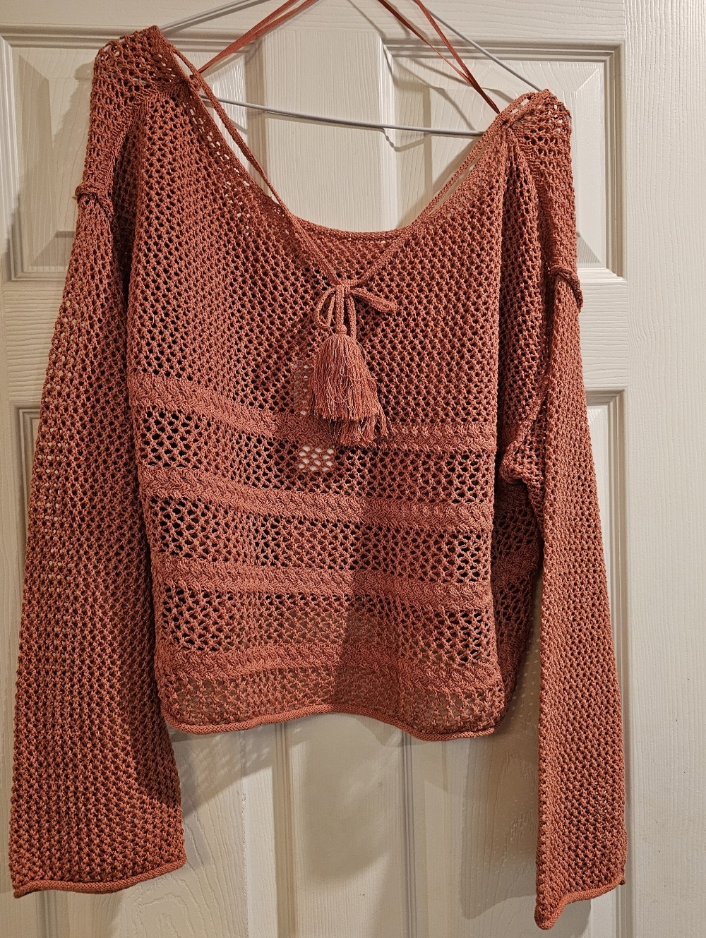 American Eagle Outfitters Off-the-Shoulder Crochet Sweater in Rust
